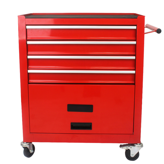 Red drawer tool chest with casters and side handle for garage organization