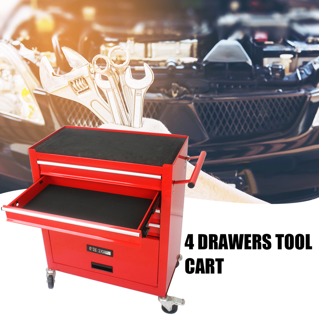 Red drawer tool cart with open drawer displaying chrome wrenches perfect for garage organization
