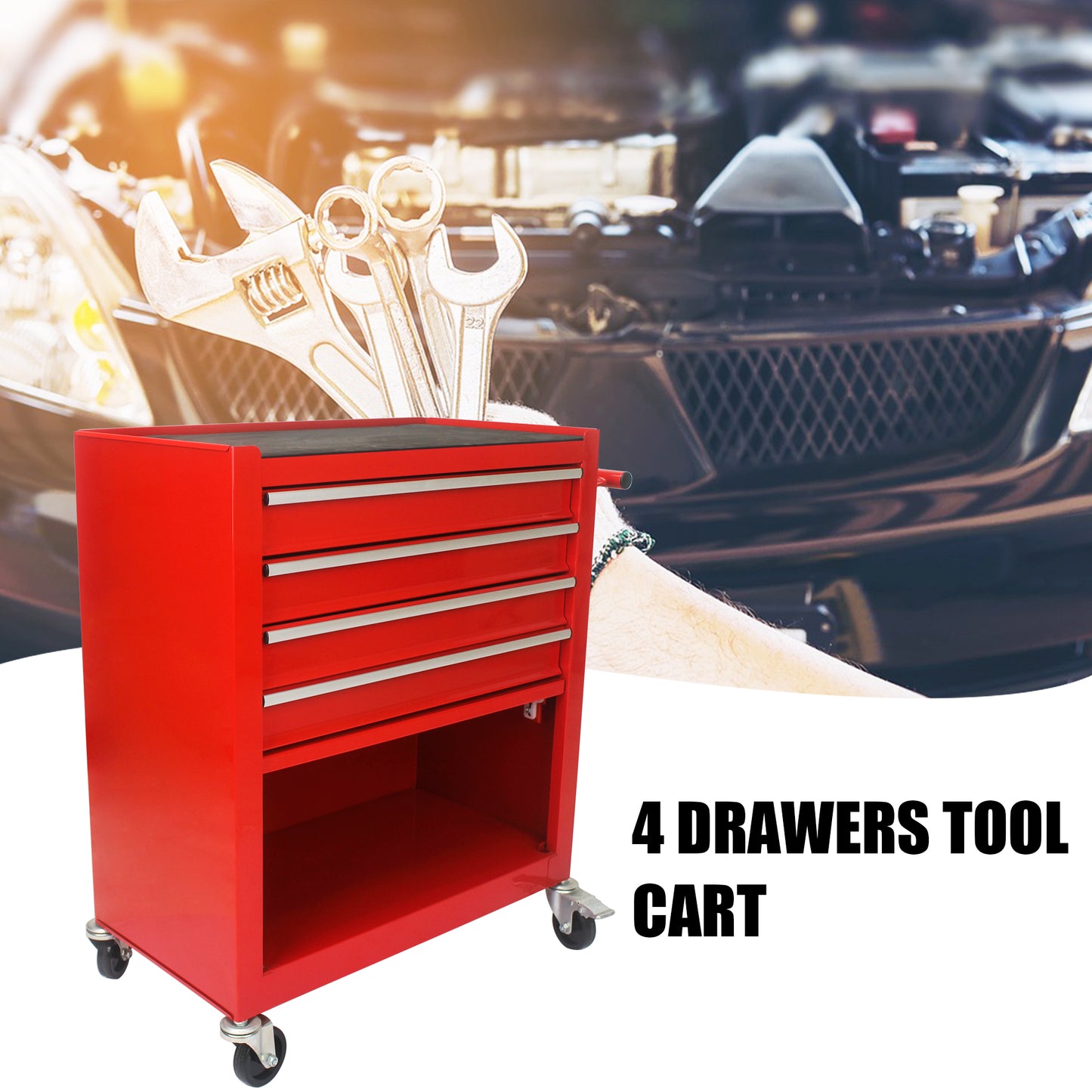 Red drawer tool cart with casters holding various wrenches
