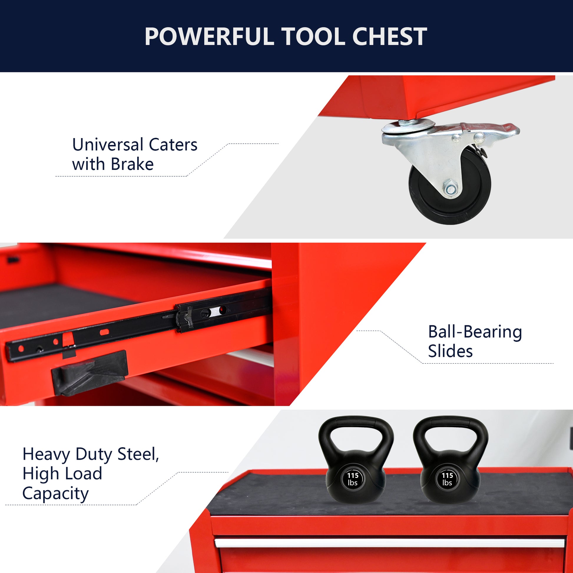 Red tool chest caster with brake for secure positioning