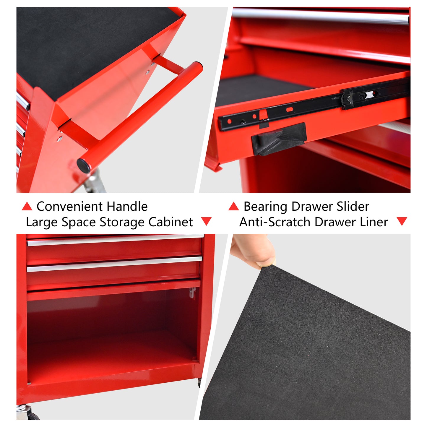 Red tool chest with convenient side handle for easy mobility