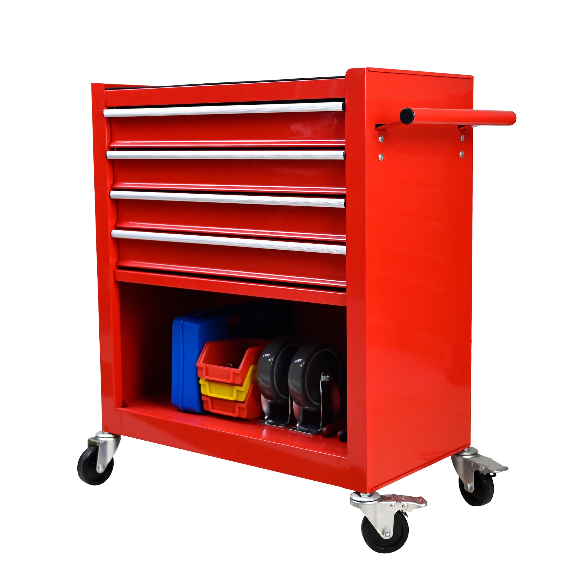 Red rolling tool chest with four drawers and open shelf storage