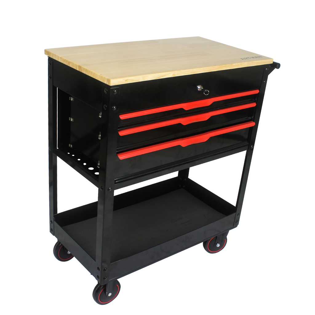 Black tool cart with three redhandled drawers and a wooden top
