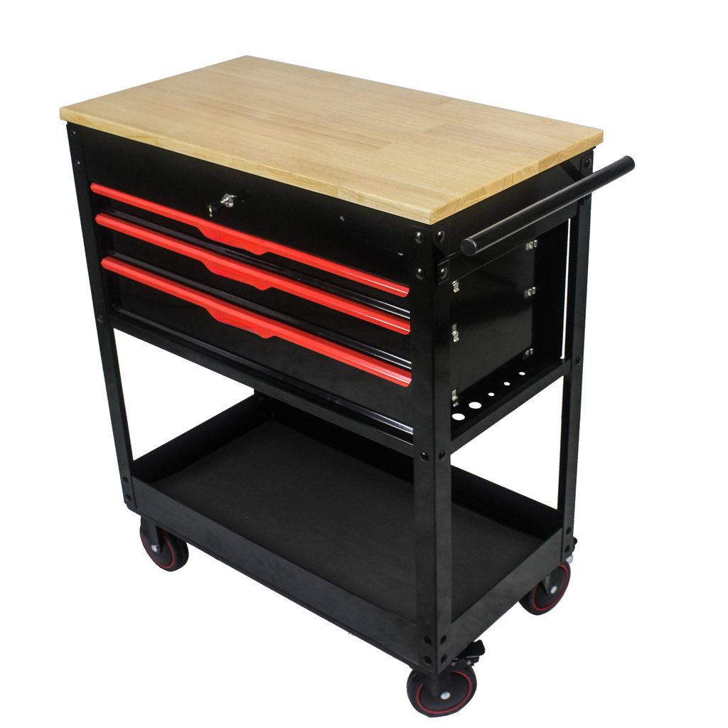 Black metal tool cart with three redhandled drawers and a wooden top