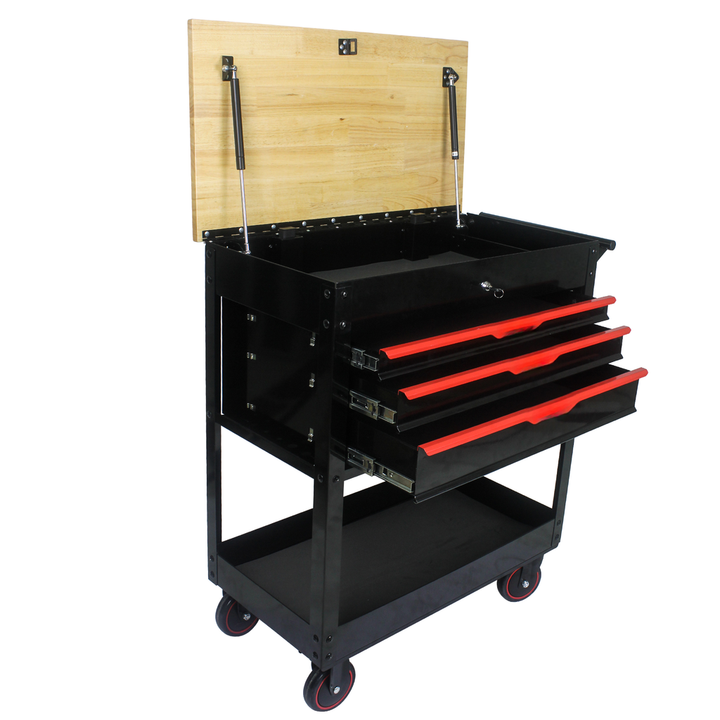Black rolling tool chest with wooden lid open featuring four redtrimmed drawers