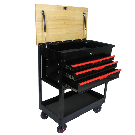 Black rolling tool chest with wooden lid open featuring four redtrimmed drawers