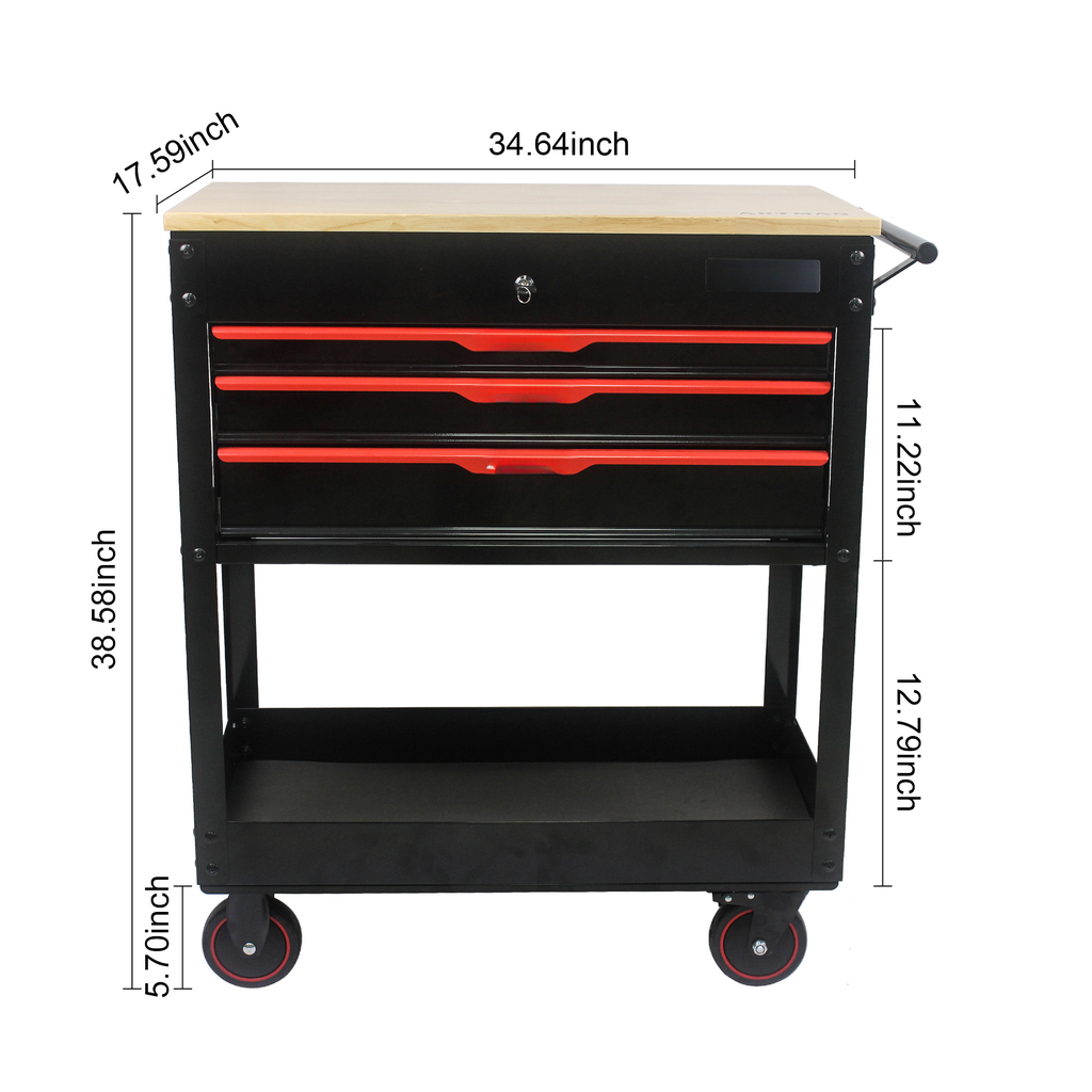 Black metal tool cart with three redhandled drawers and a wooden top