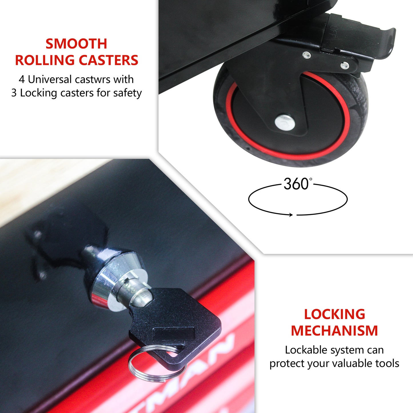 Black rolling caster wheel with red trim and locking brake mechanism