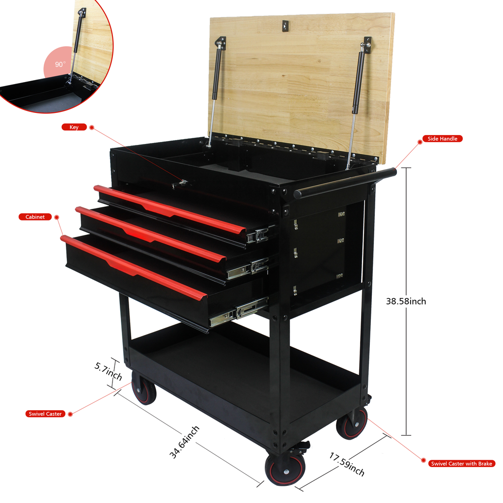 Black rolling tool chest with three redhandled drawers and a wooden lid