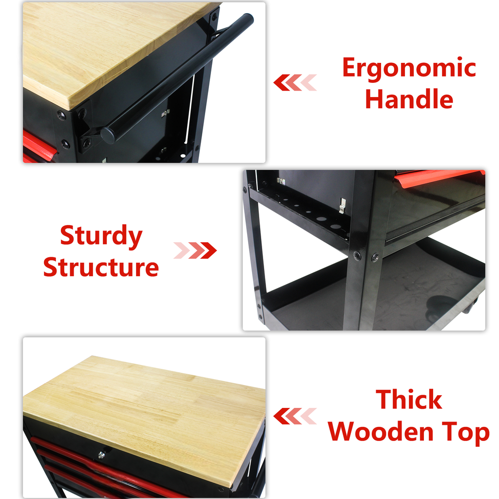 Black metal rolling tool cart with ergonomic handle and red drawer accents