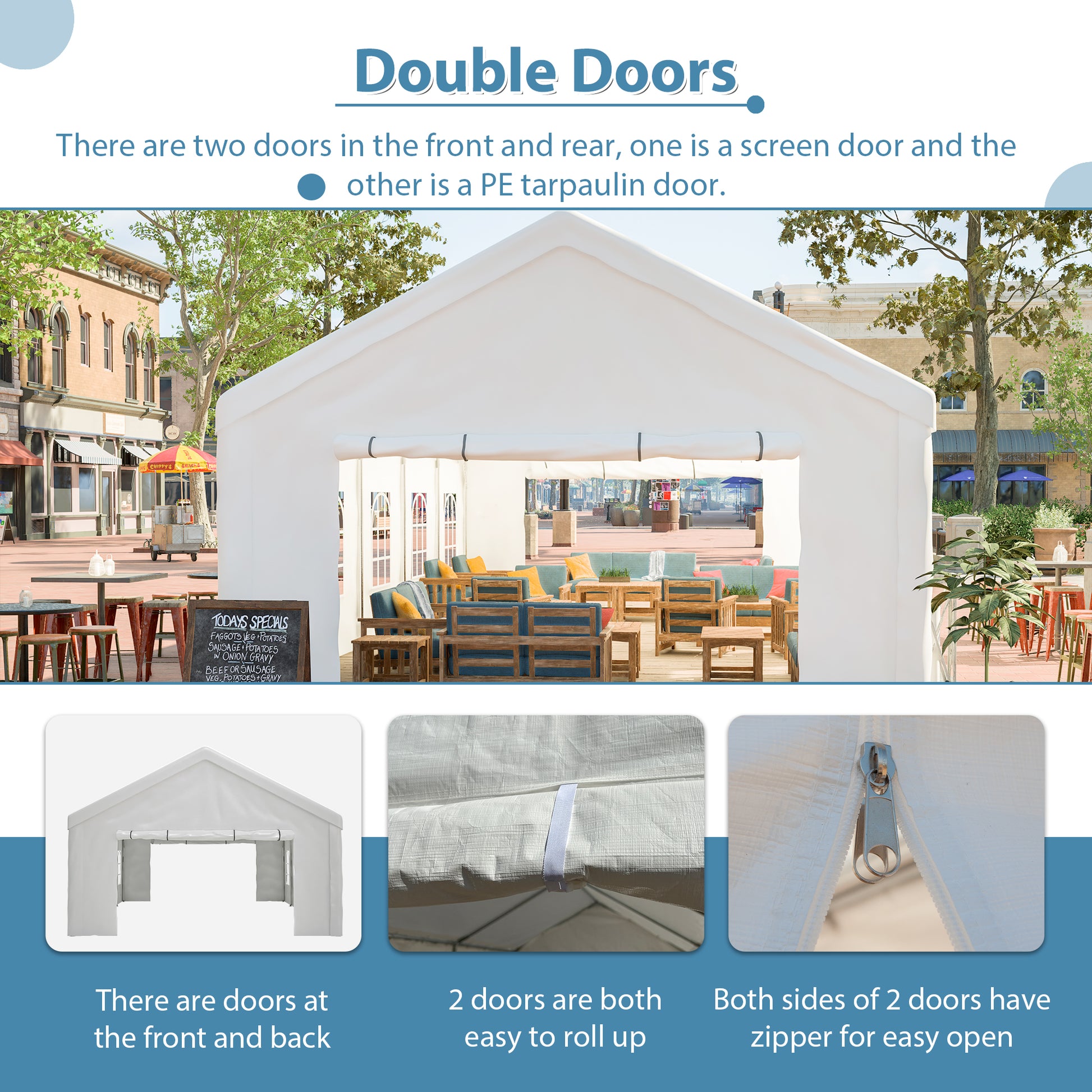 White outdoor event tent with screen door and PE tarpaulin door