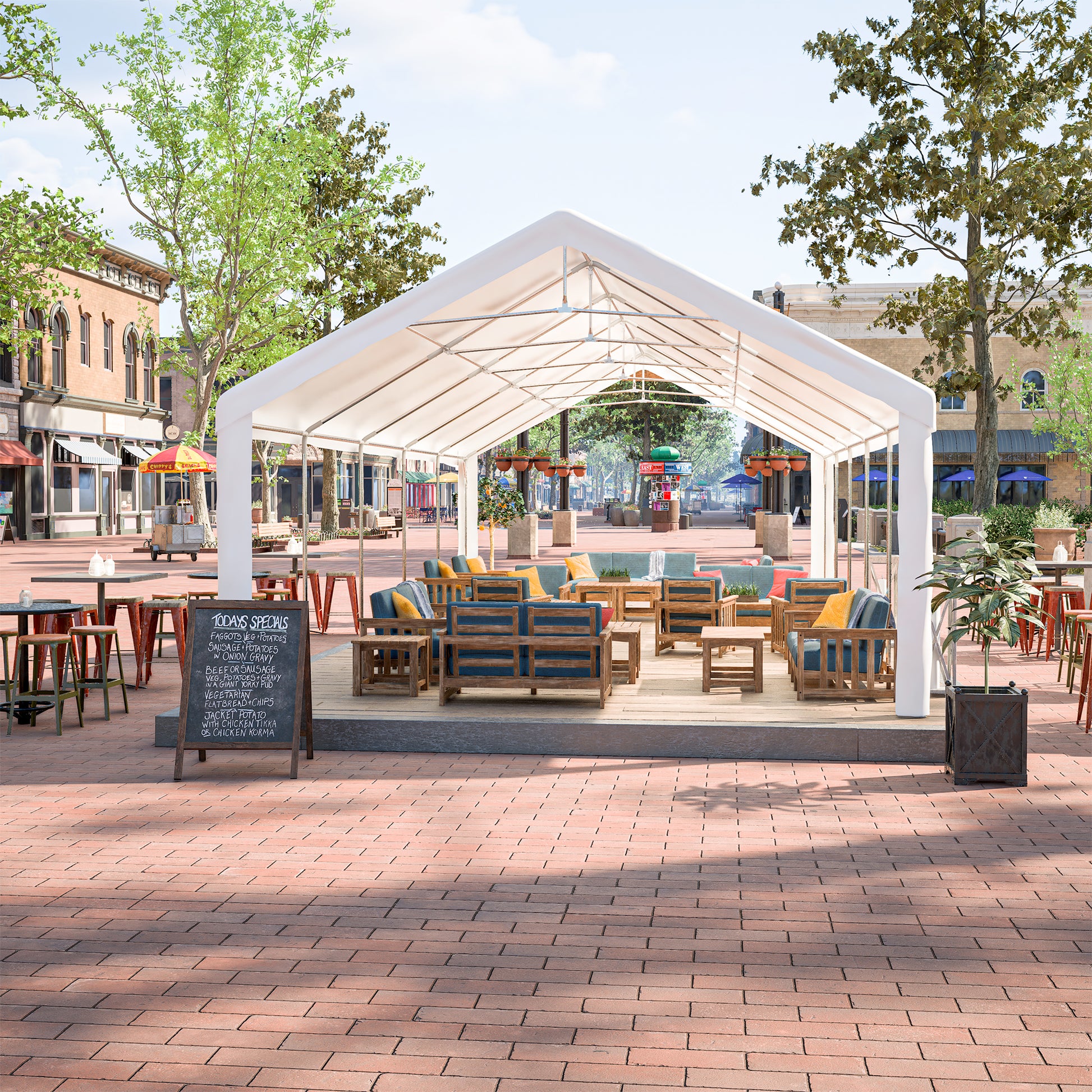 Outdoor cafe seating with white tent featuring wooden sofas and chairs with blue cushions