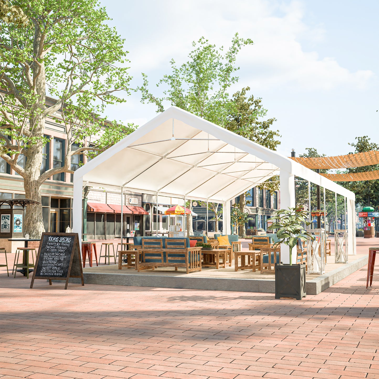 Outdoor white canopy tent providing shade over wooden patio furniture for dining al fresco