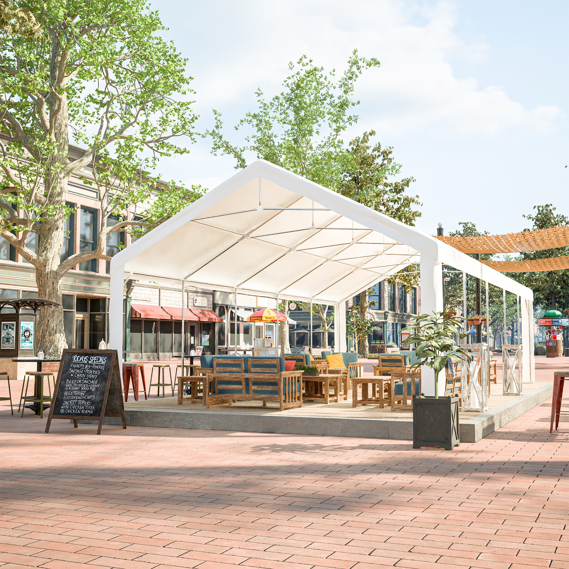 Outdoor white canopy tent providing shade over wooden patio furniture for dining al fresco