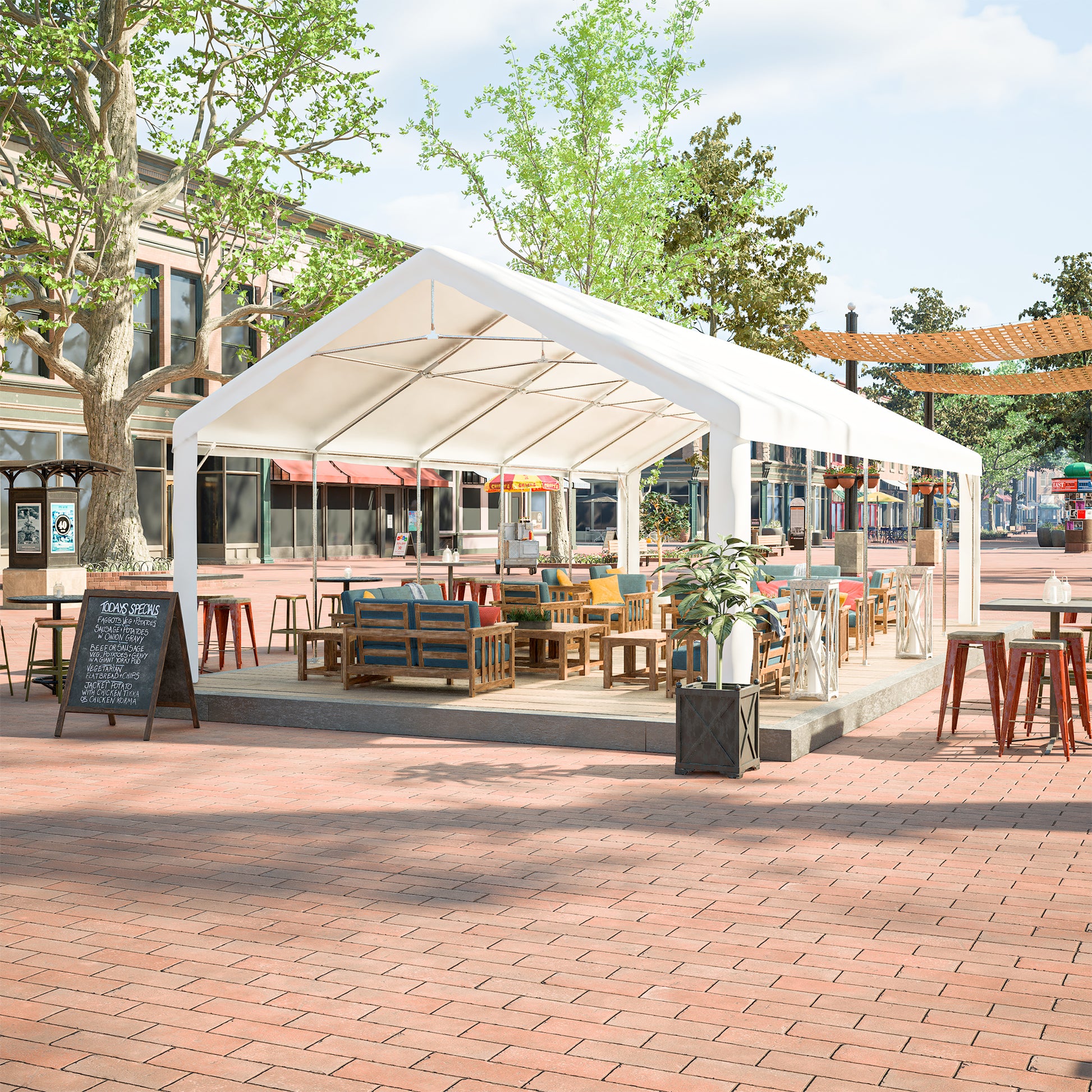Outdoor dining tent with wooden patio furniture and red metal stools perfect for alfresco seating