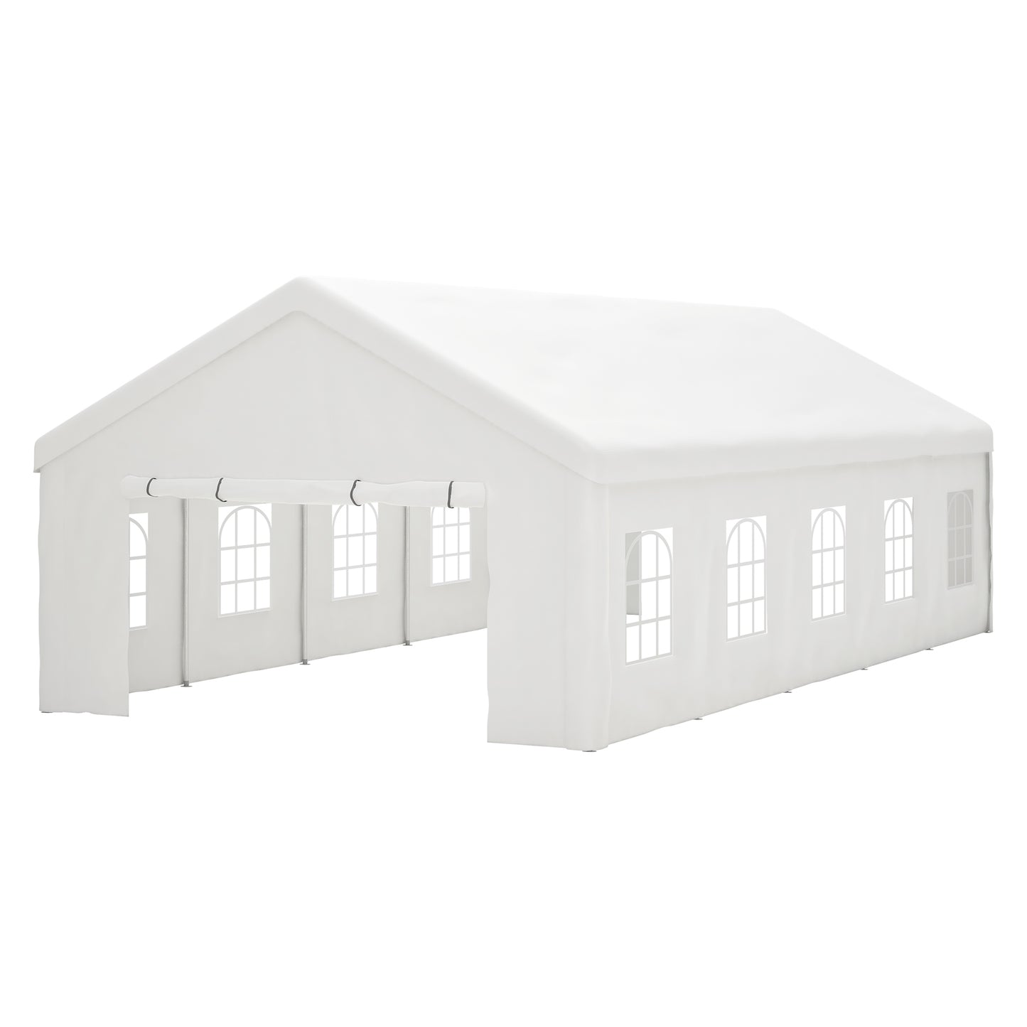 White x party tent with arched windows and open entrance