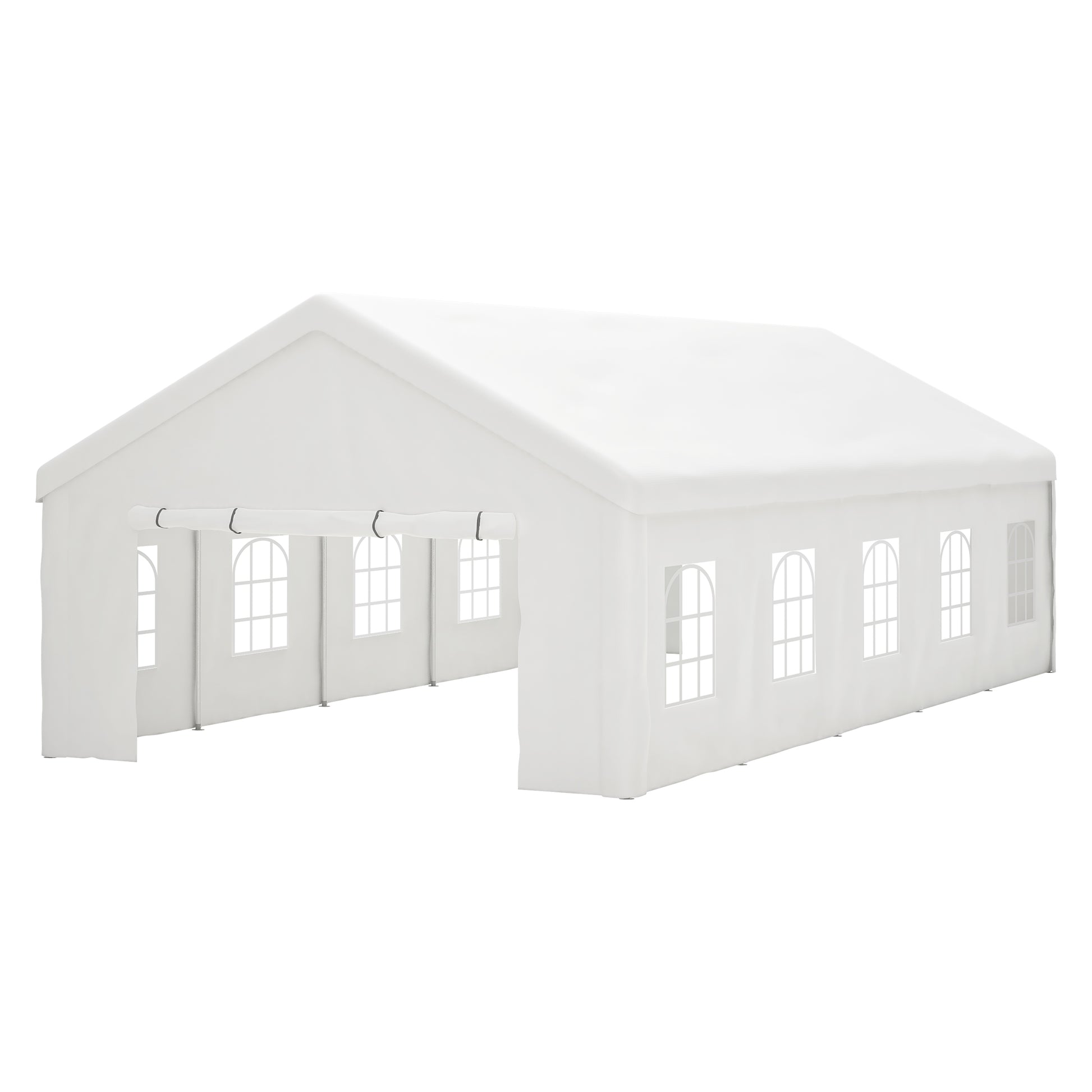 White x party tent with arched windows and open entrance