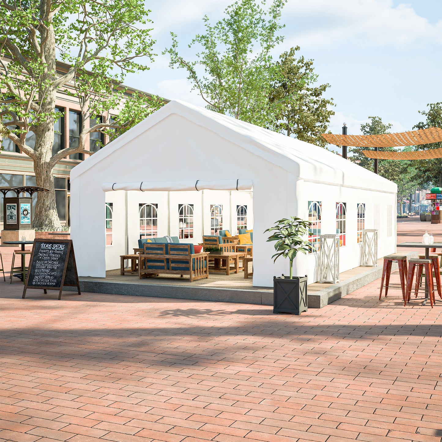 White event tent with open sides displaying outdoor seating and tables