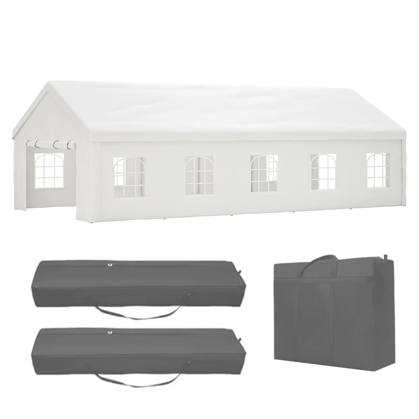 White frame tent with arched window panels and two carrying bags