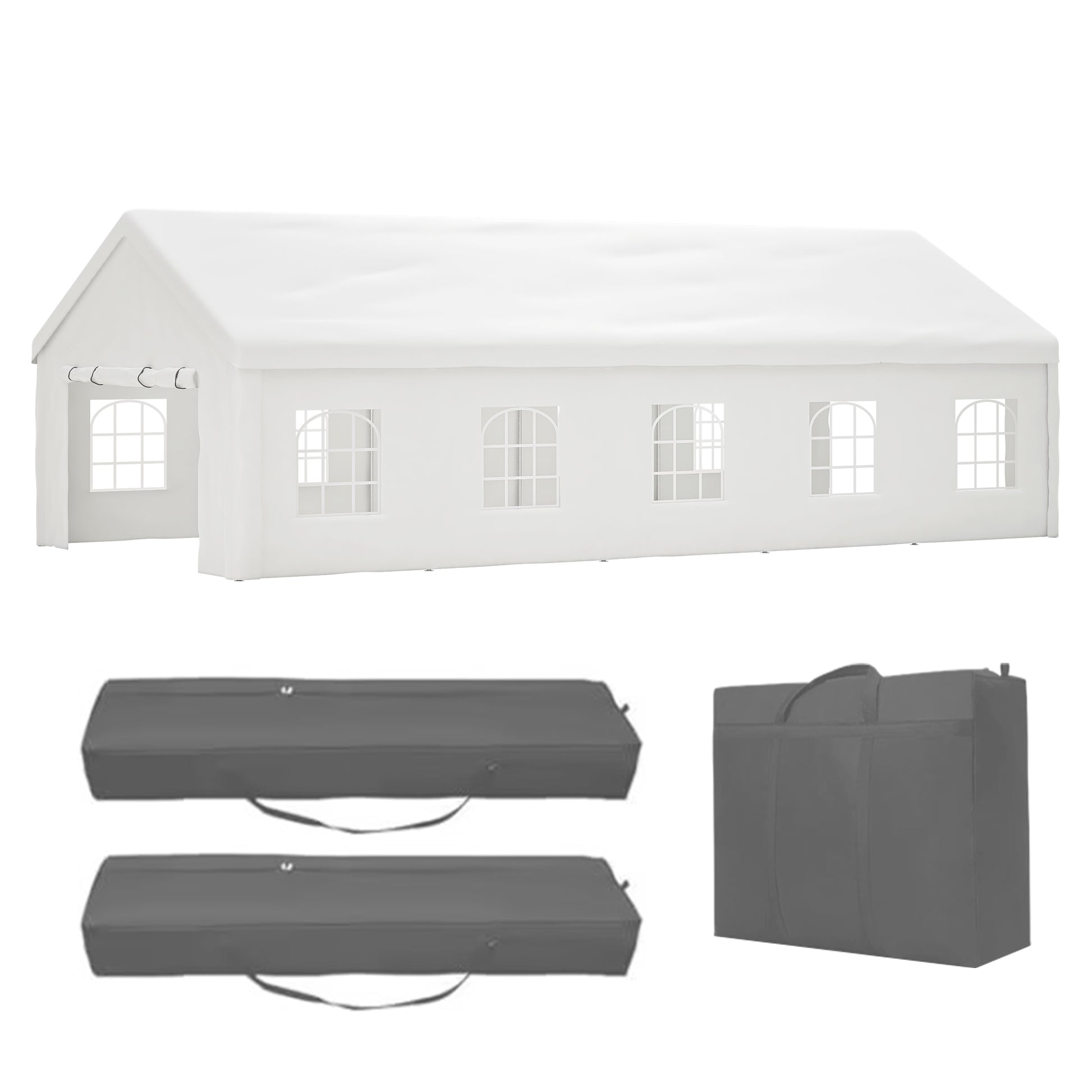 White frame tent with arched window panels and two carrying bags