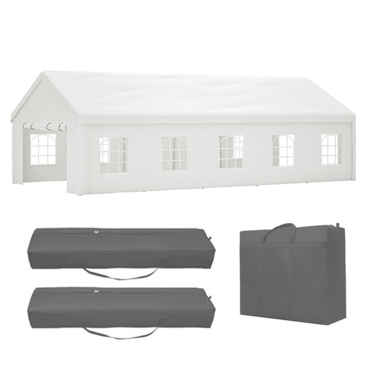 White frame tent with arched window panels and two carrying bags