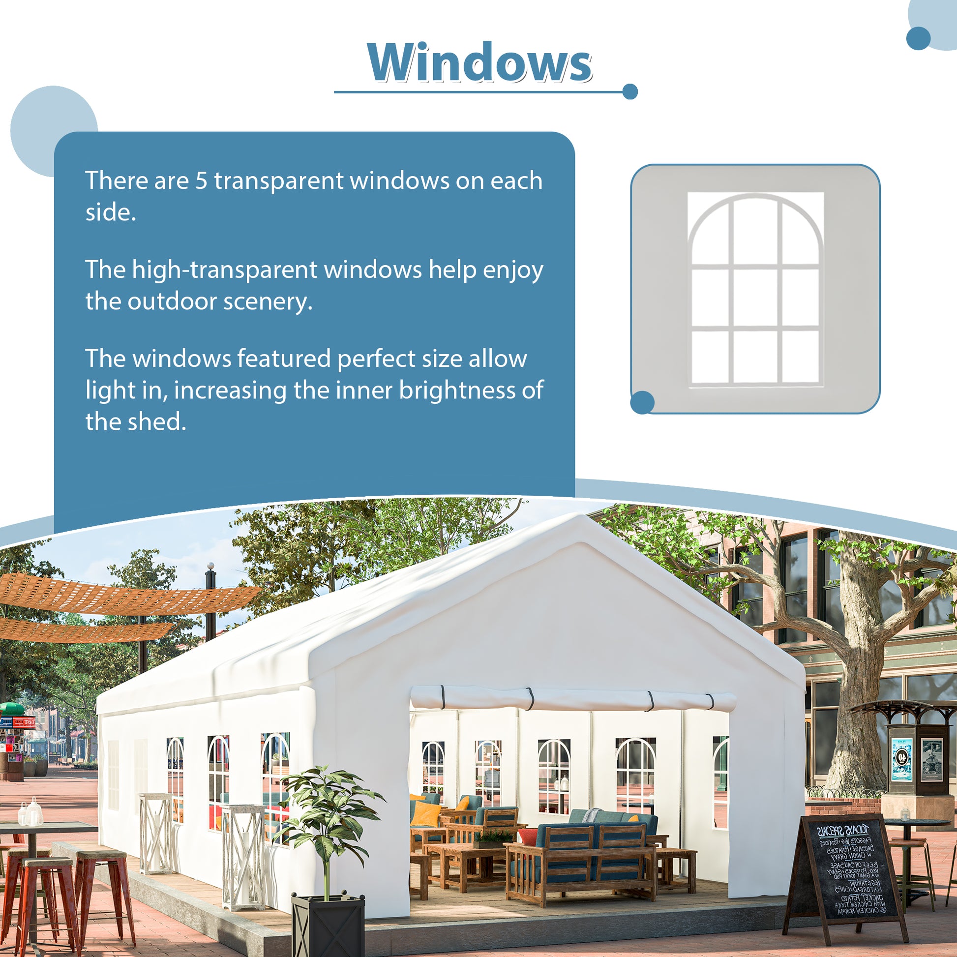 White event tent with arched windows showcasing outdoor seating setup