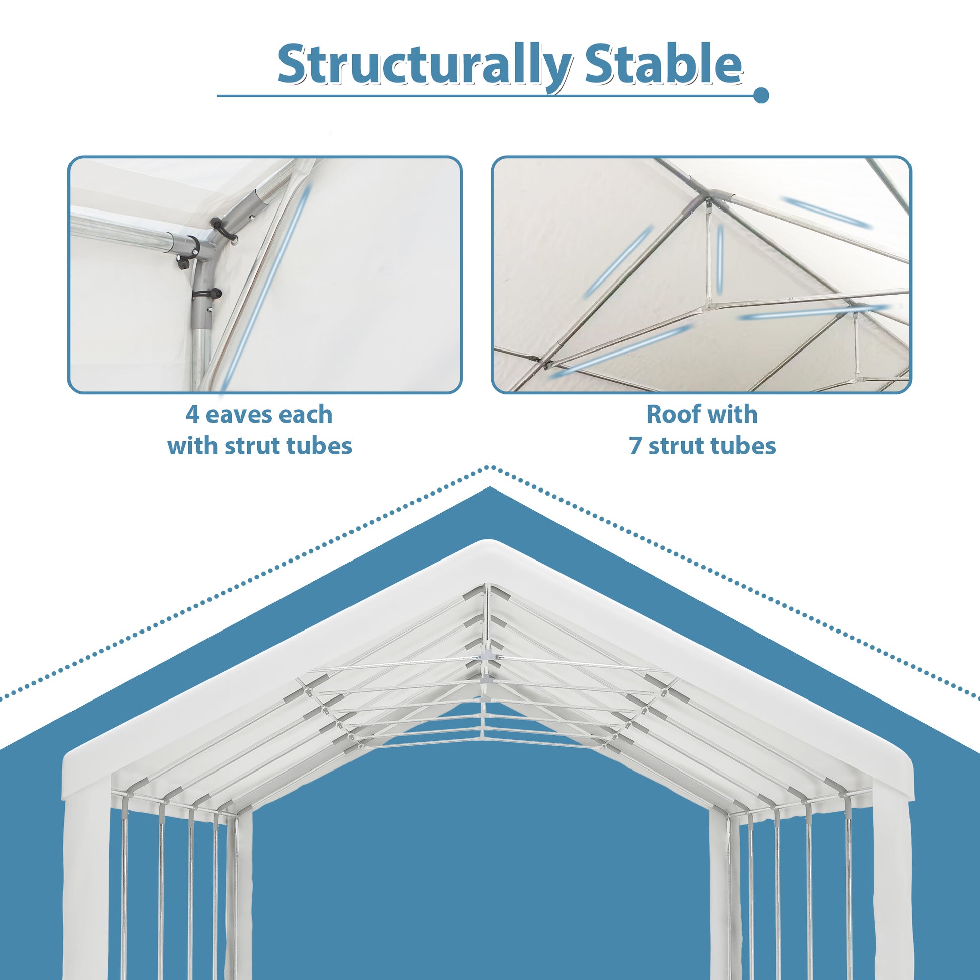 Closeup view of a white carport frames corner joint with four strut tubes for stability