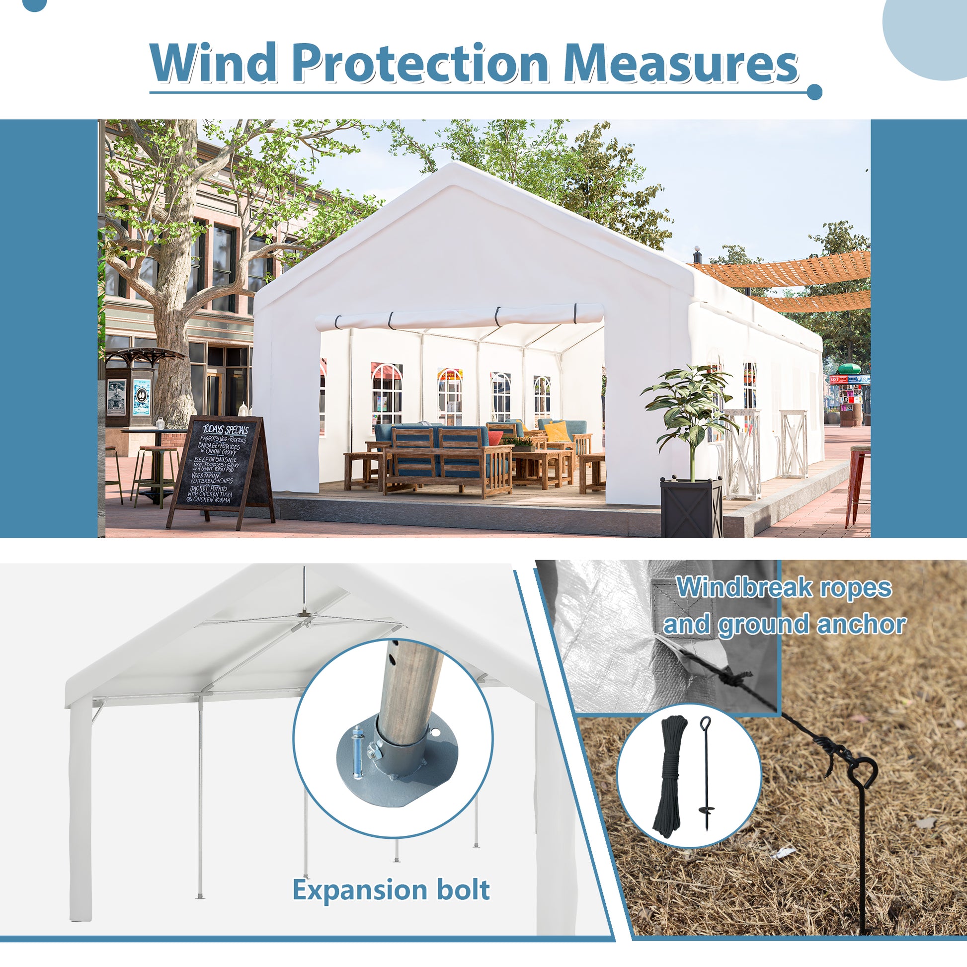 White canopy tent with open sides revealing outdoor seating ideal for events