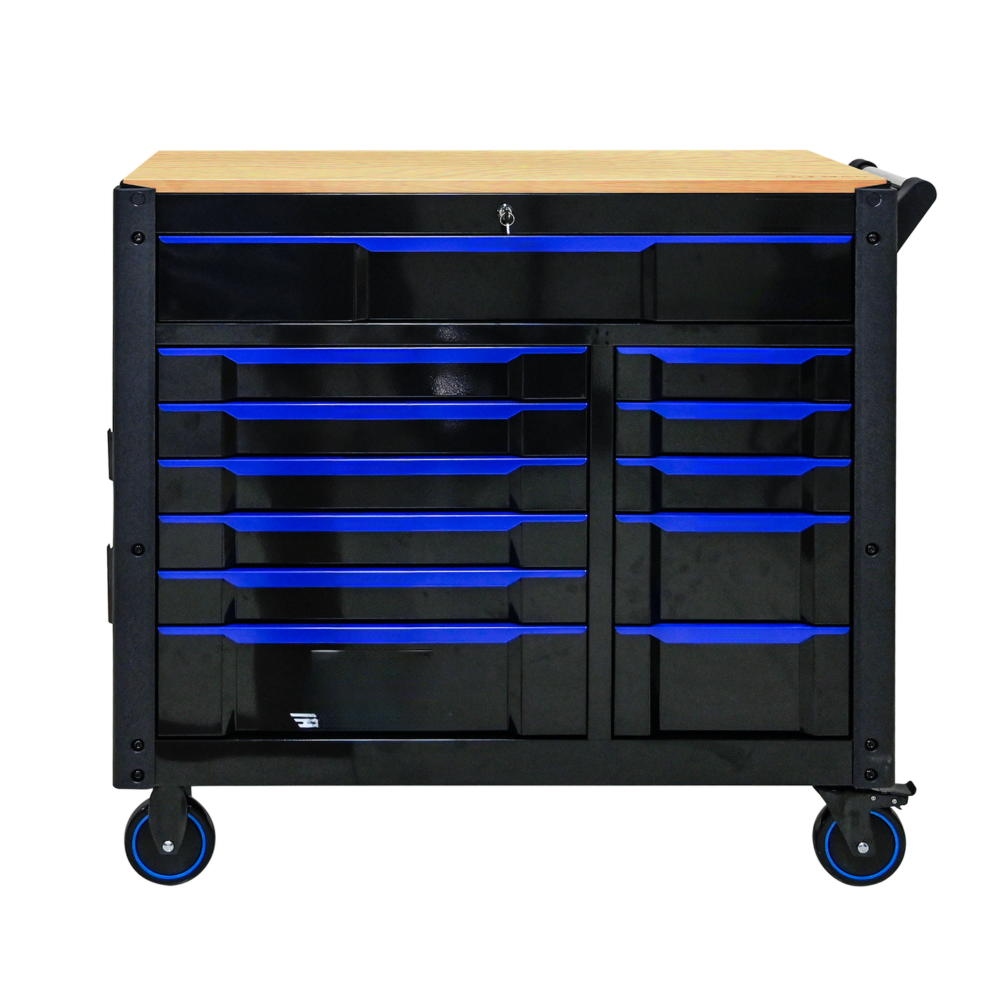 Black metal rolling tool chest with wood top and blue drawer accents perfect for garage organization