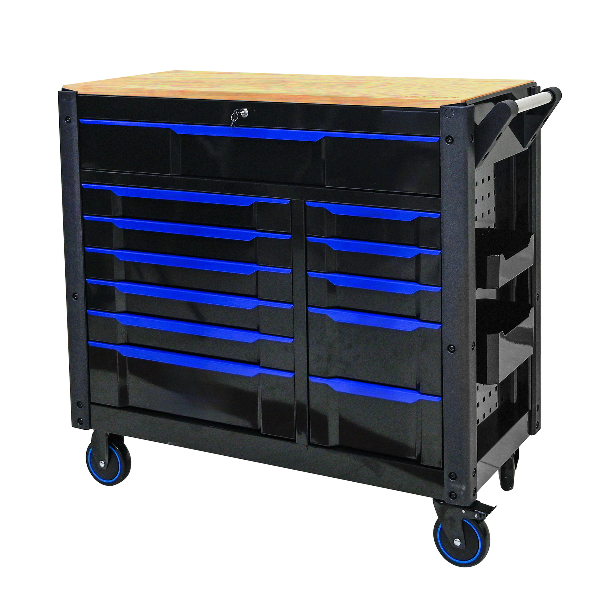 Black rolling tool chest with blue drawer accents and a wood top ideal for garage organization