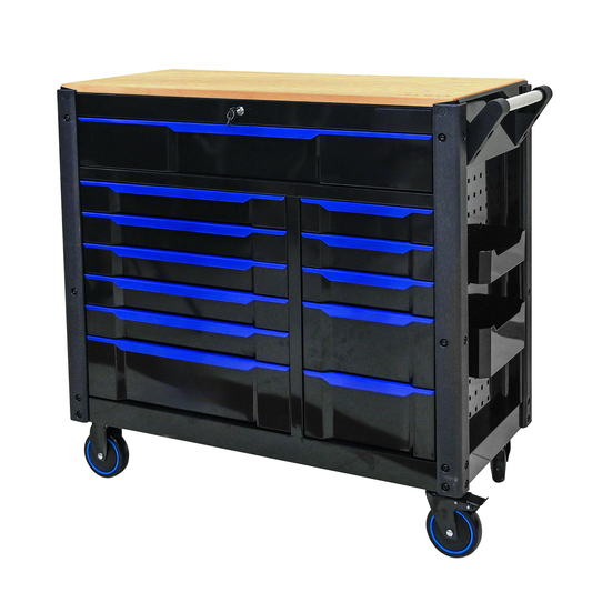 Black rolling tool chest with blue drawer accents and a wood top ideal for garage organization