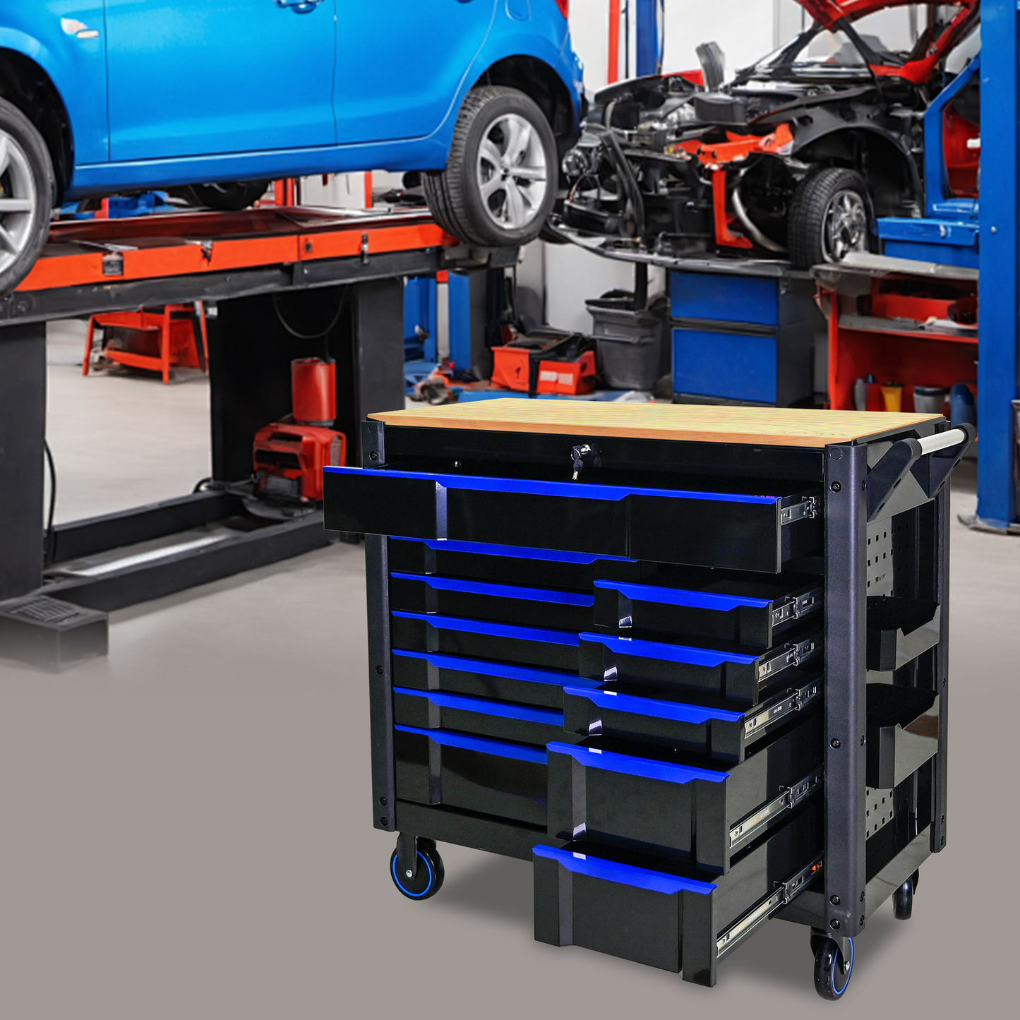 Black multidrawer tool chest with blue accents and a wooden top on wheels