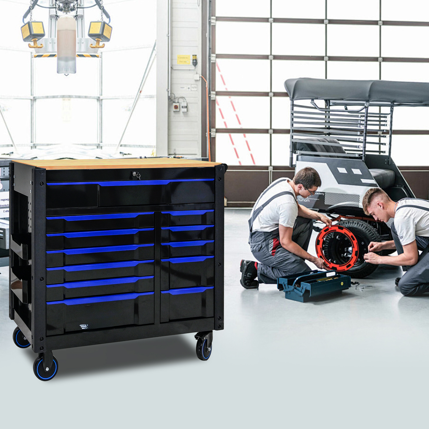 Black rolling tool chest with wood top and blue drawer accents for workshop organization