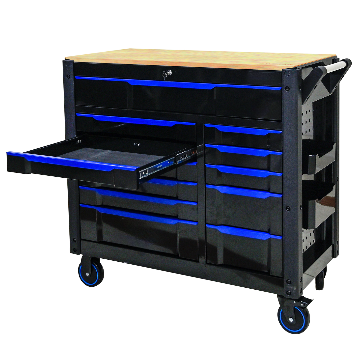 Black rolling tool chest with natural wood top and blue drawer trim