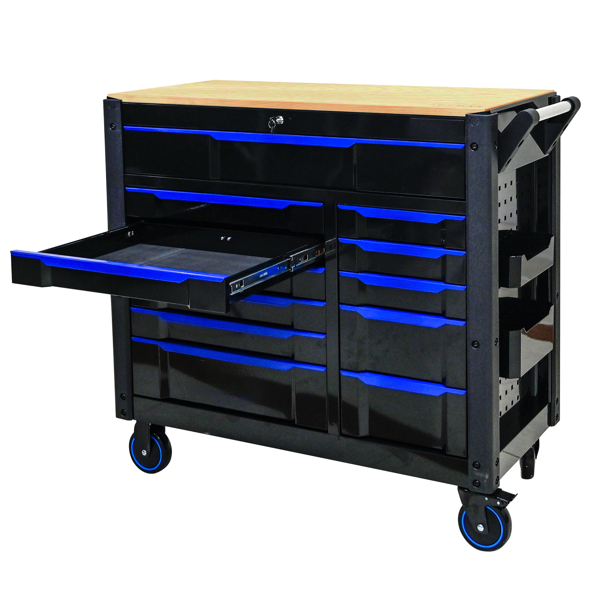 Black rolling tool chest with natural wood top and blue drawer trim