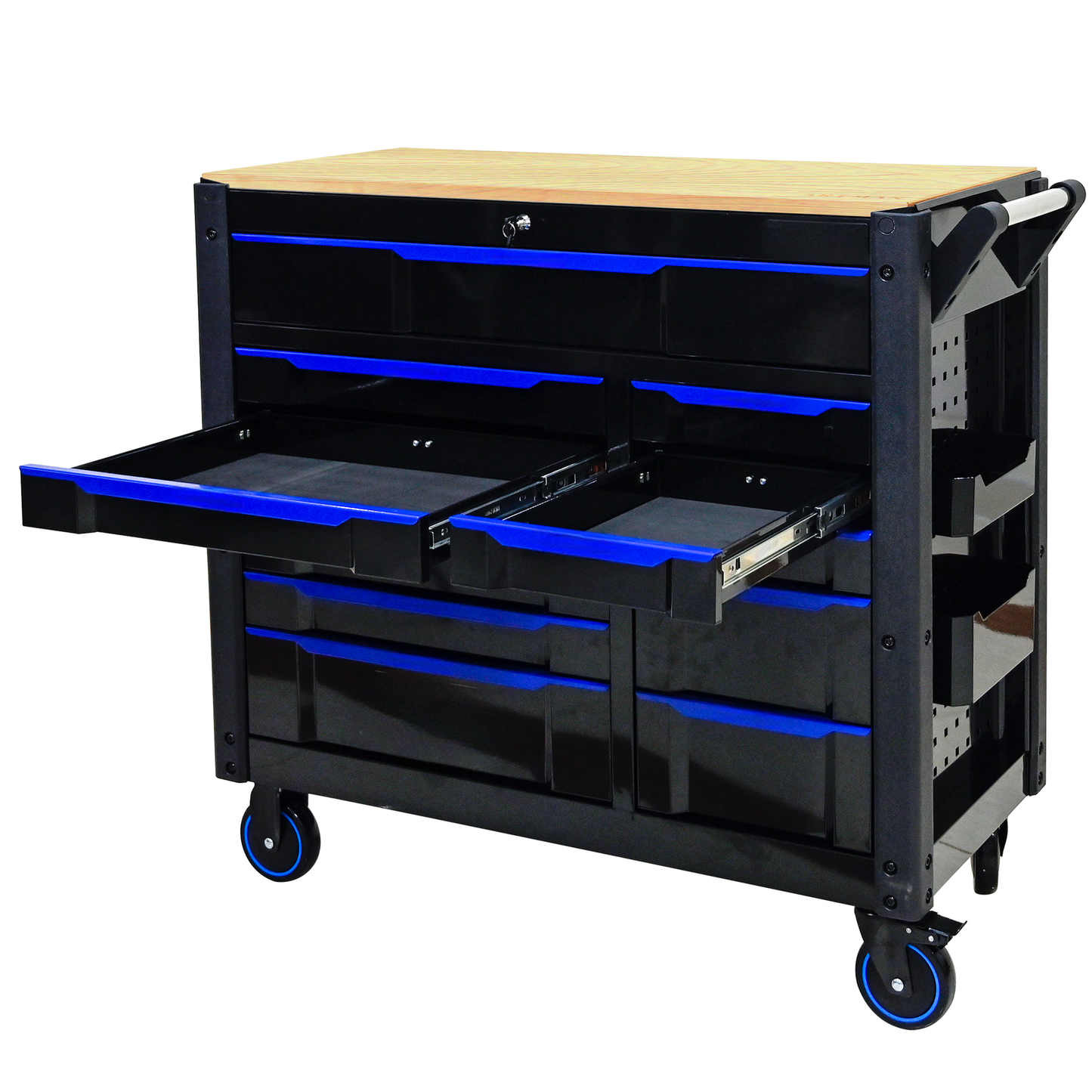 Black tool chest with wooden top and blue drawer accents featuring multiple pullout drawers