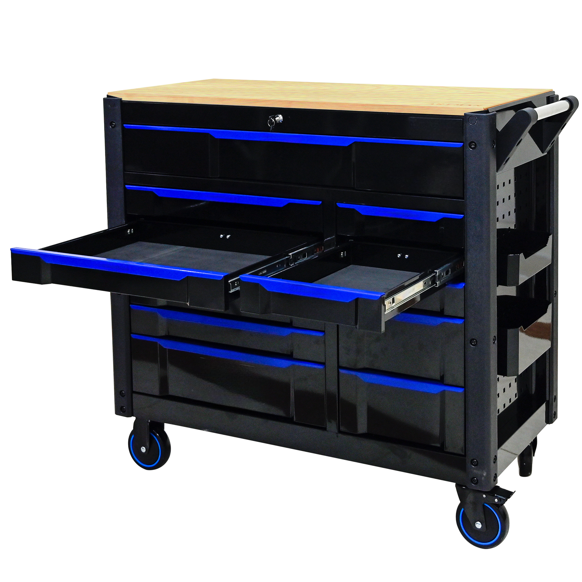 Black tool chest with wooden top and blue drawer accents featuring multiple pullout drawers