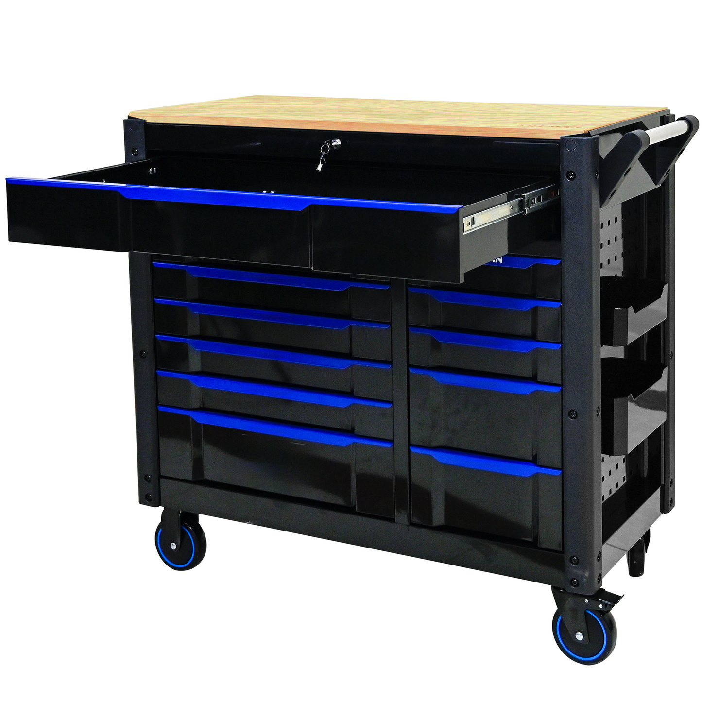 Black metal tool chest with wood top and blue drawer accents on casters