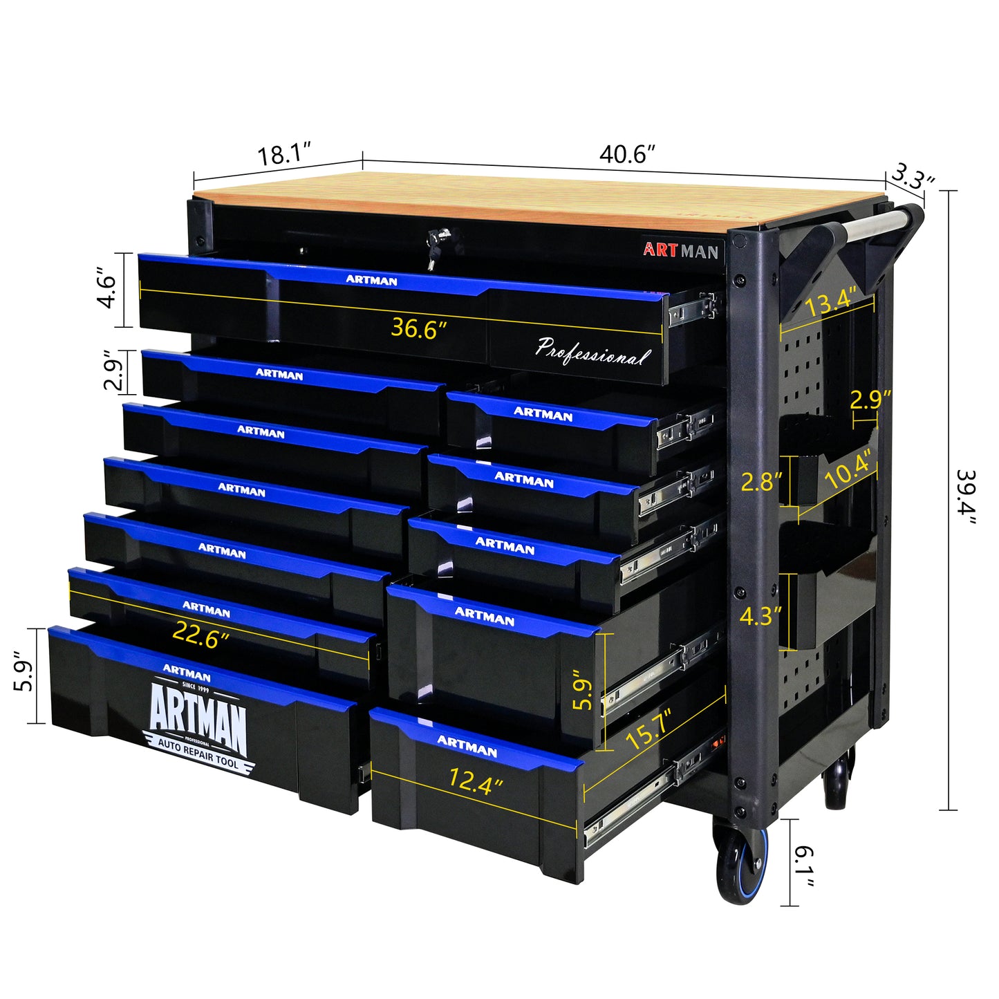 Black rolling tool chest with wooden top  drawers and blue accents