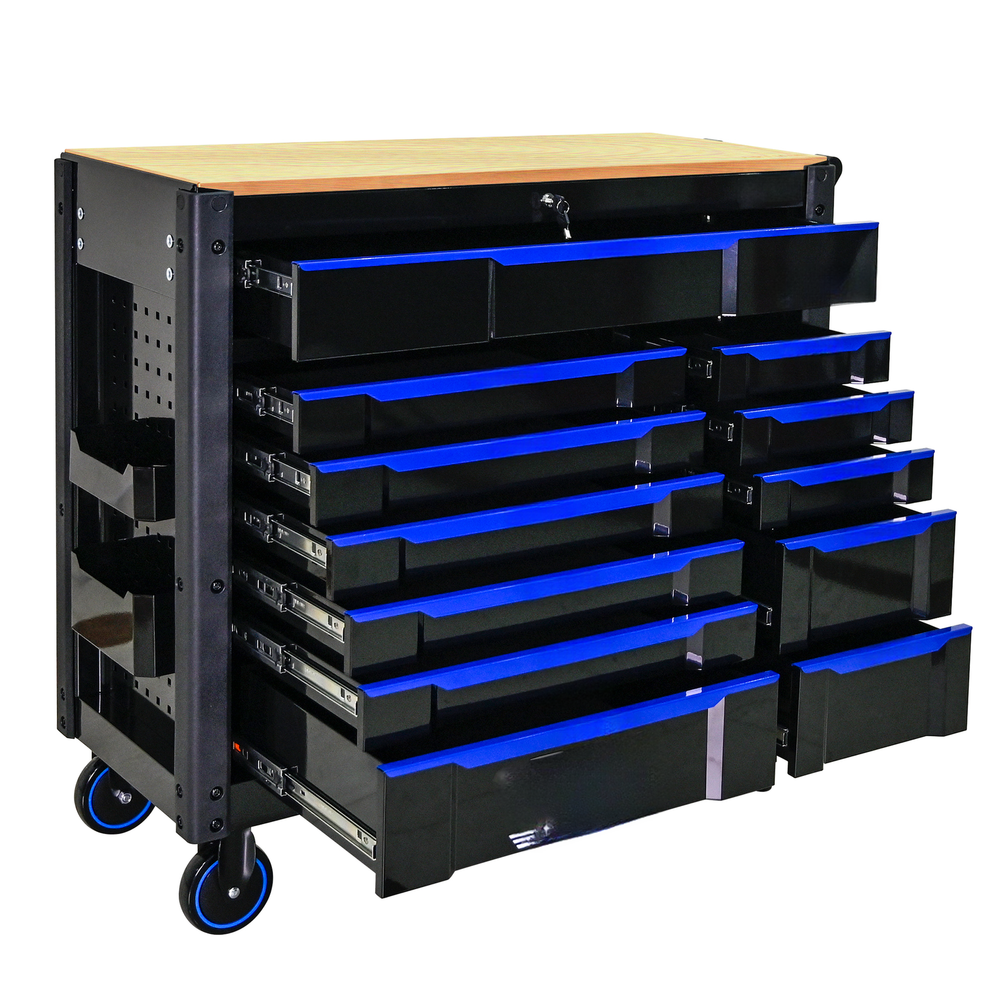 Black rolling tool chest with a wooden top and blue drawer pulls