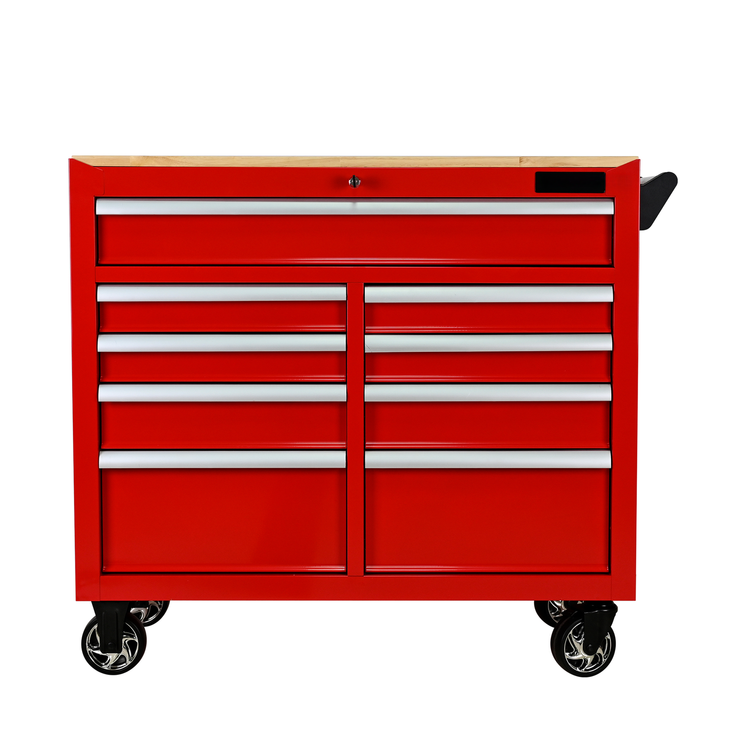 Red multidrawer tool chest with wooden top and chrome wheels ideal for garage organization