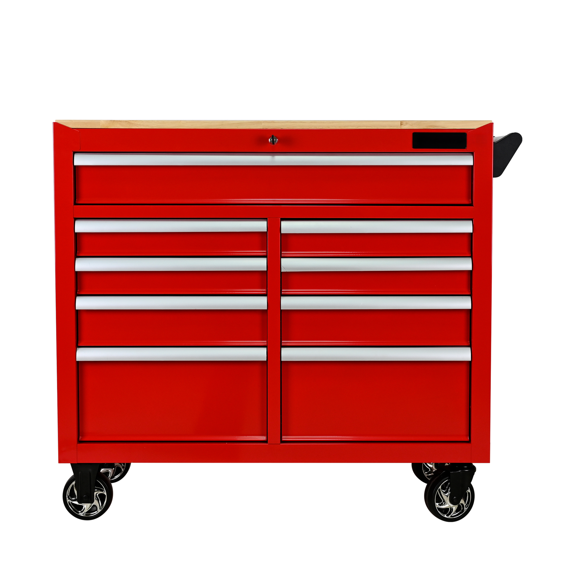 Red multidrawer tool chest with wooden top and chrome wheels ideal for garage organization