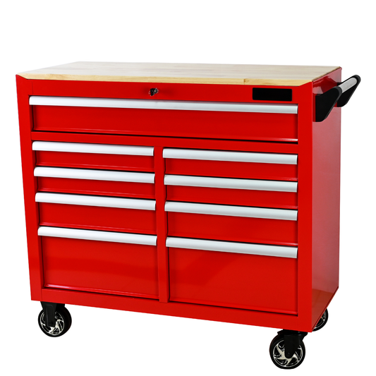 Red metal tool chest with butcher block top and  drawers on casters