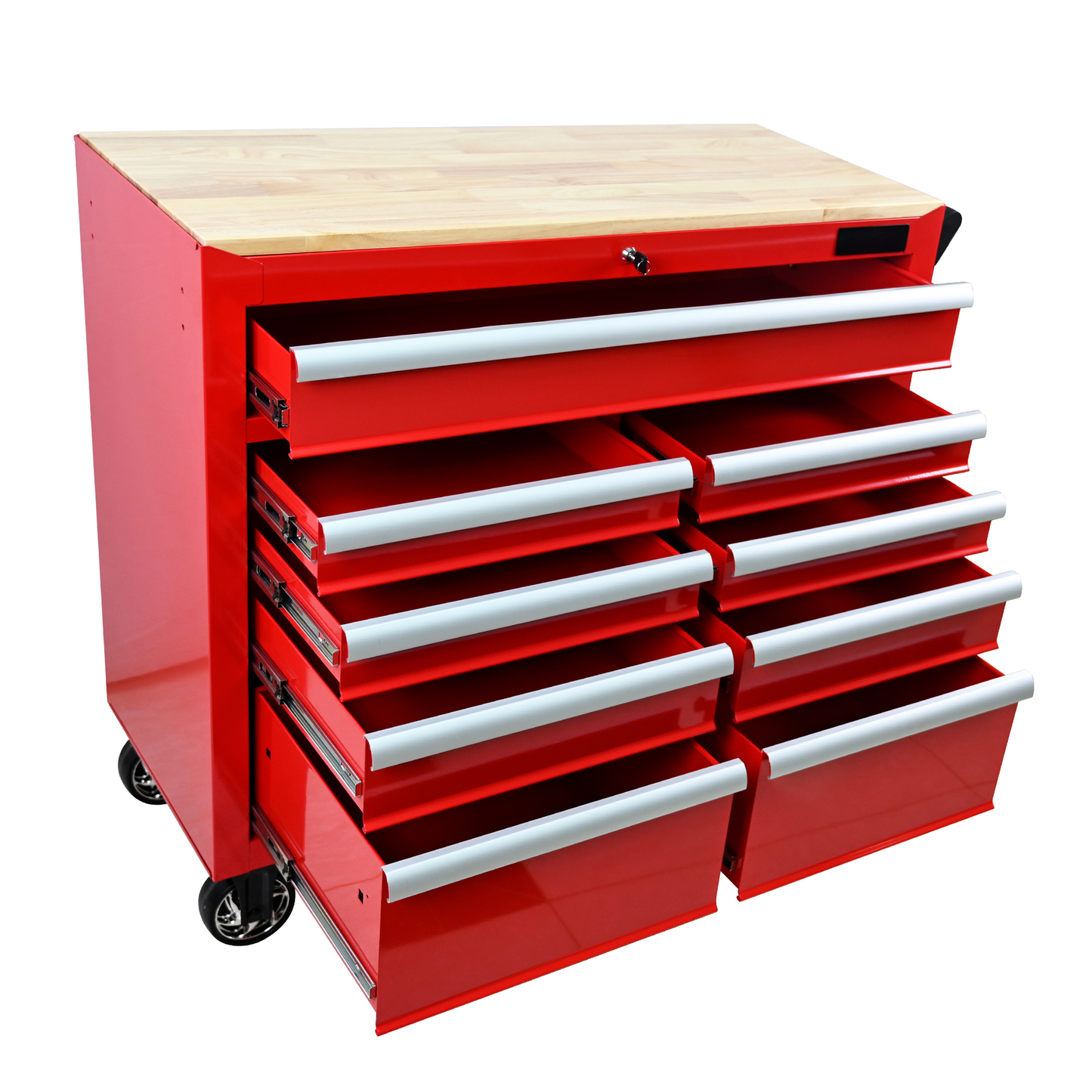 Red drawer rolling tool chest with wood top and chrome handles