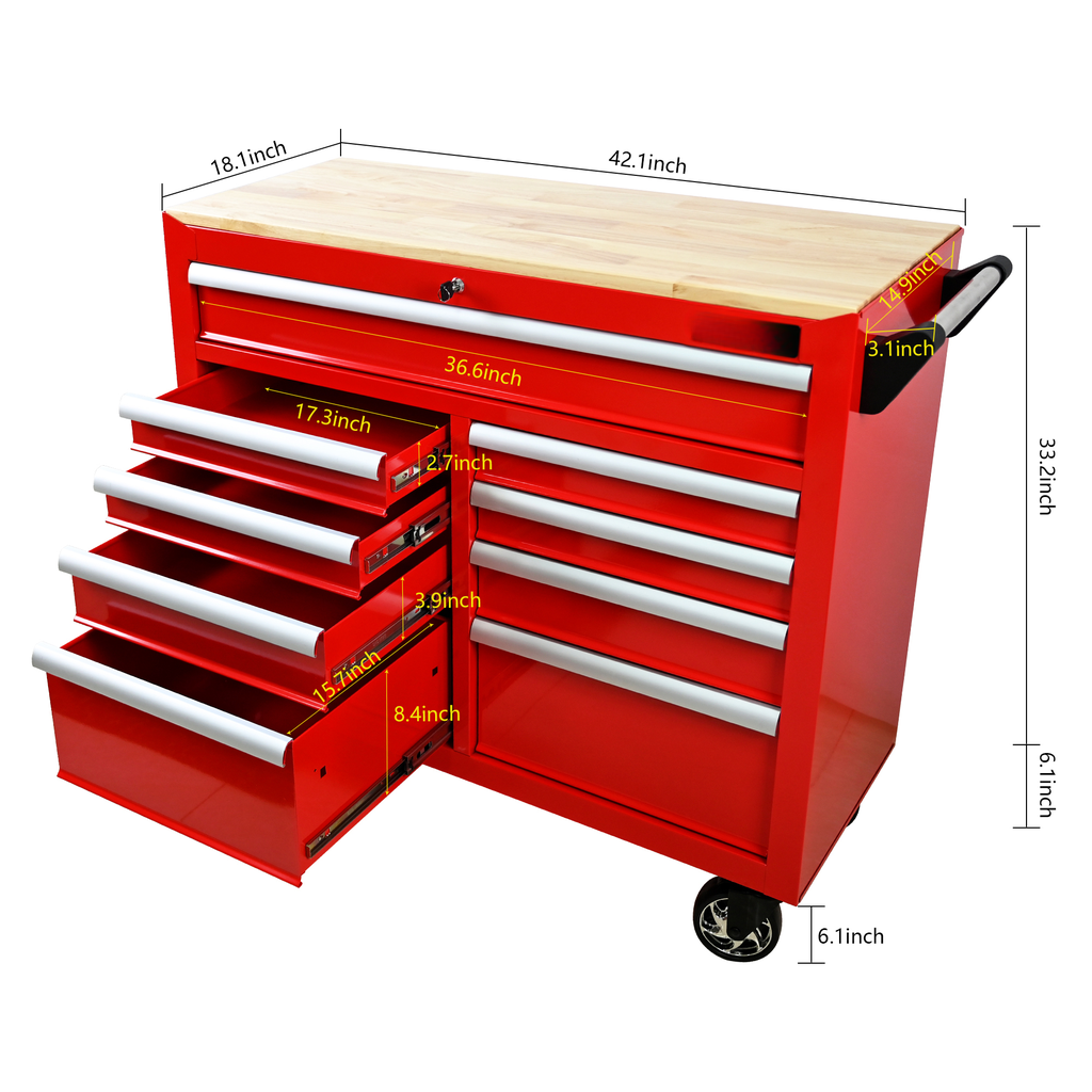 Red multidrawer tool chest with wooden top and silver handles dimensions labeled