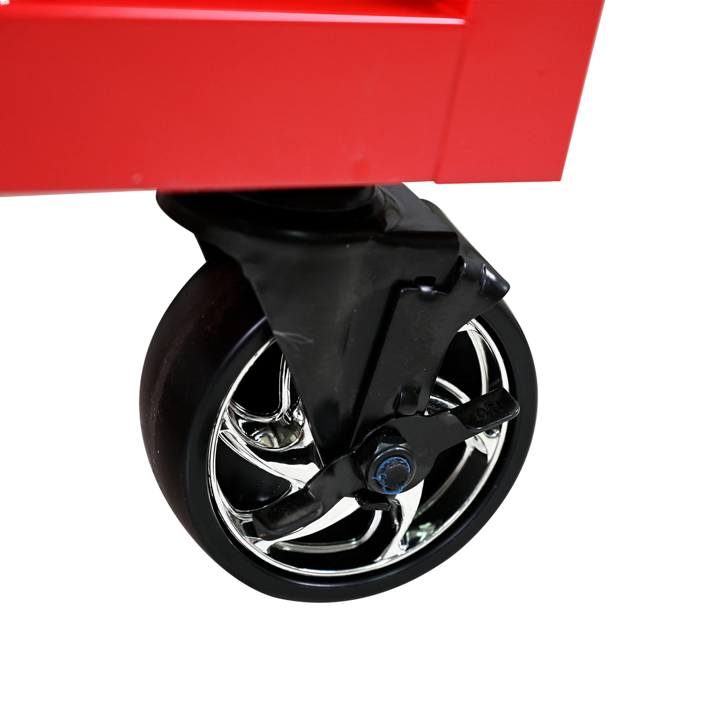 Red tool cart with a chromeaccented black caster wheel