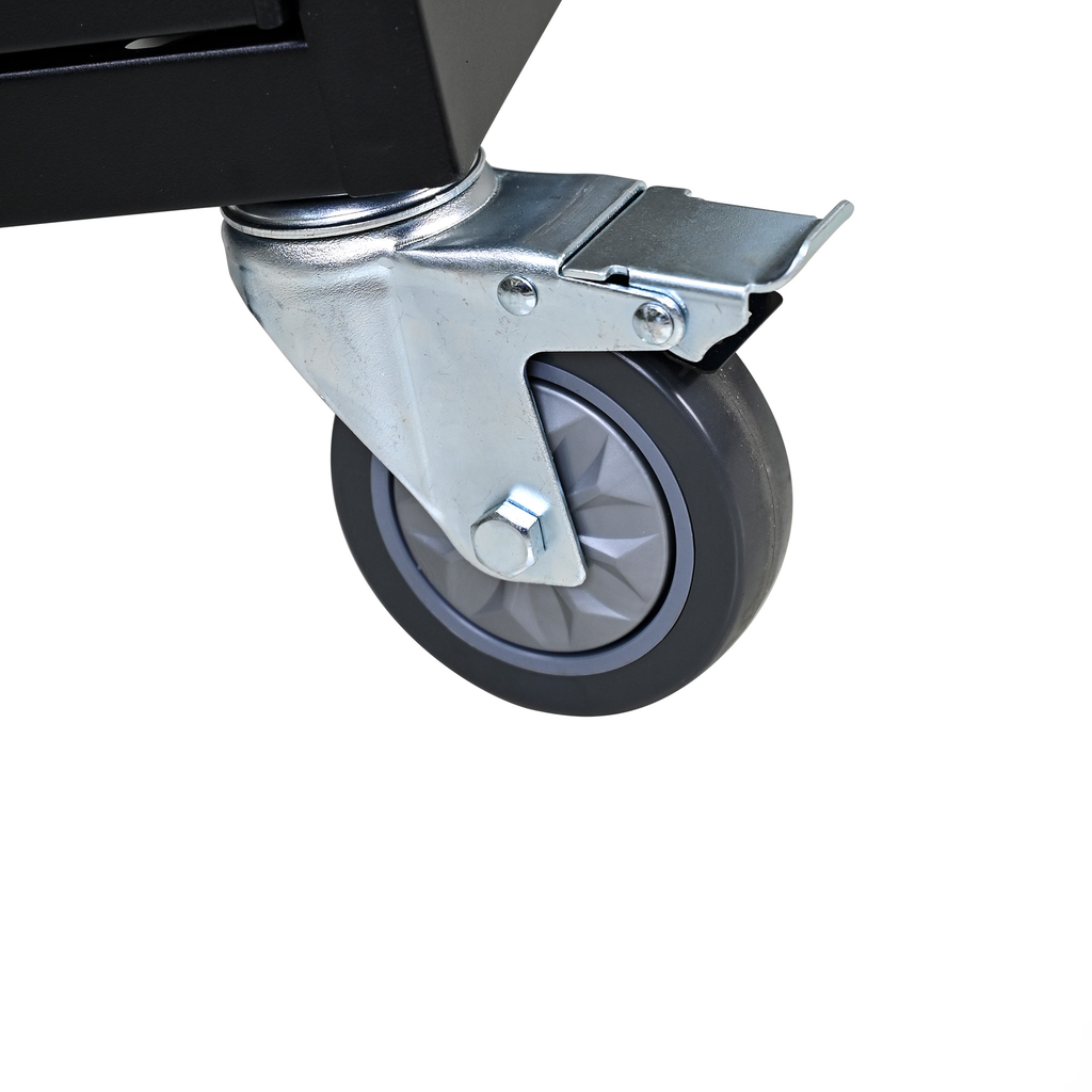 Black heavyduty locking caster wheel with a gray rubber tire and metal bracket