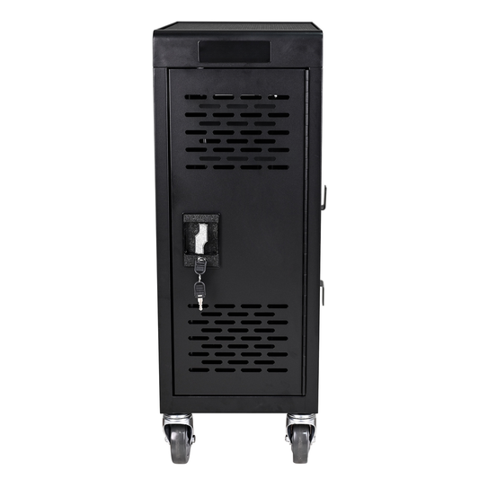 Black secure charging cart with wheels and key lock mechanism