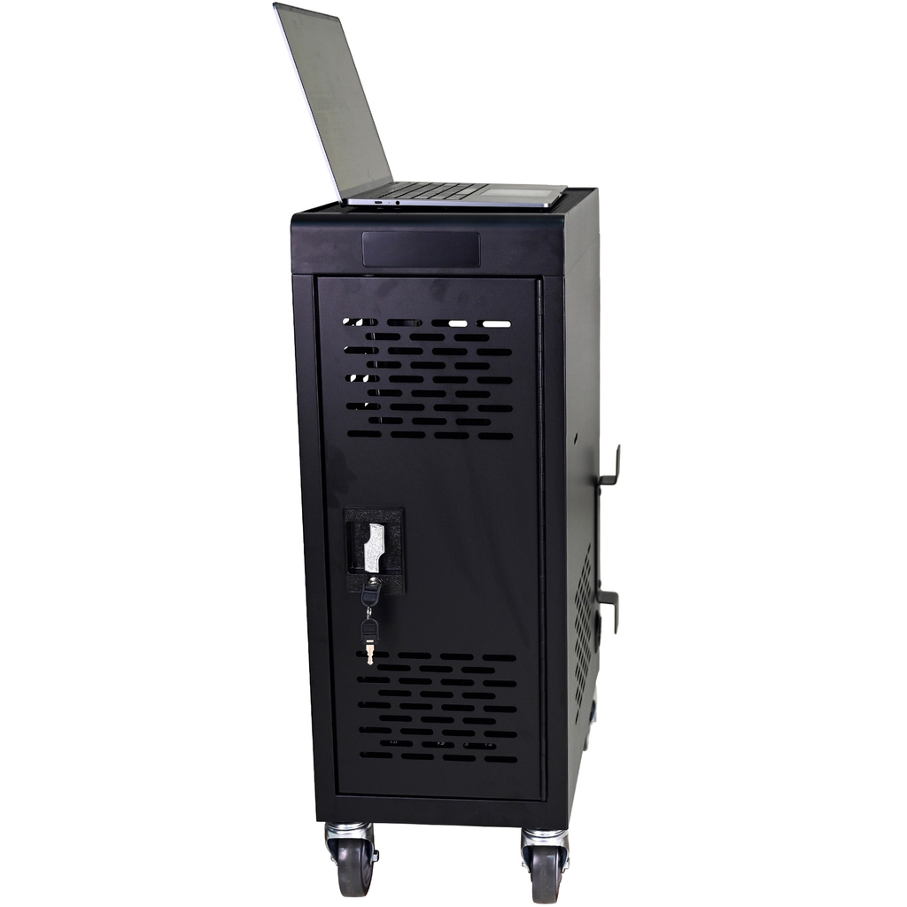 Black metal rolling cart with a laptop on top and a lock mechanism