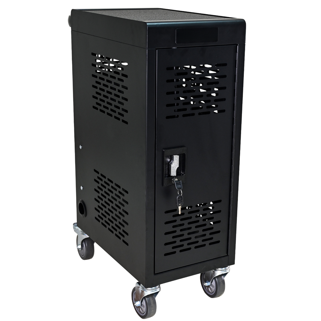 Black metal laptop charging cart with lockable door and wheels
